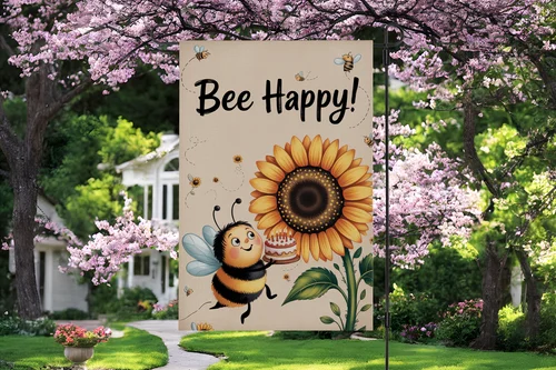 Фото Садовый флаг Bee Happy с подсолнухом и милым шмельком, летний декор для двора и веранды RRM IIX SSL №4