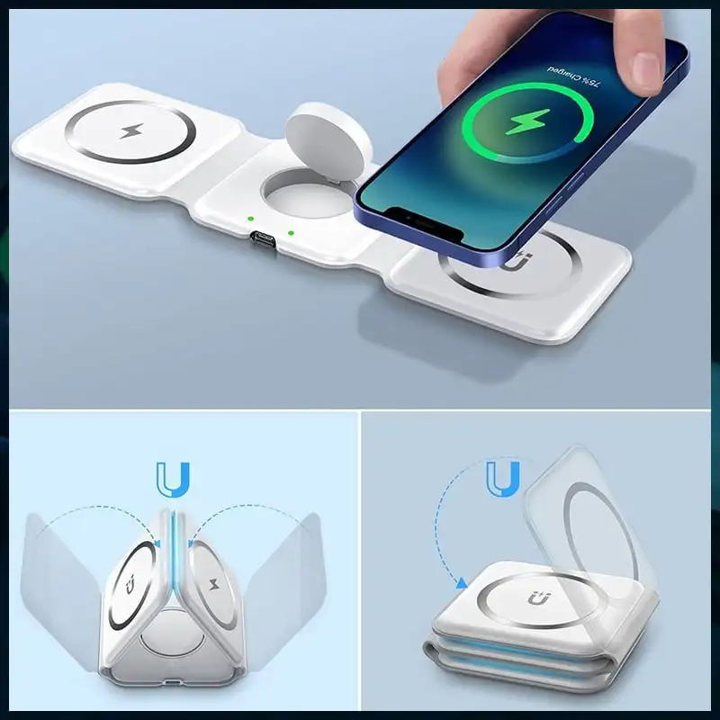 

The new three-in-one dual-item magnetic wireless charger is suitable for Apple mobile phone watch 15W fast charge and foldable
