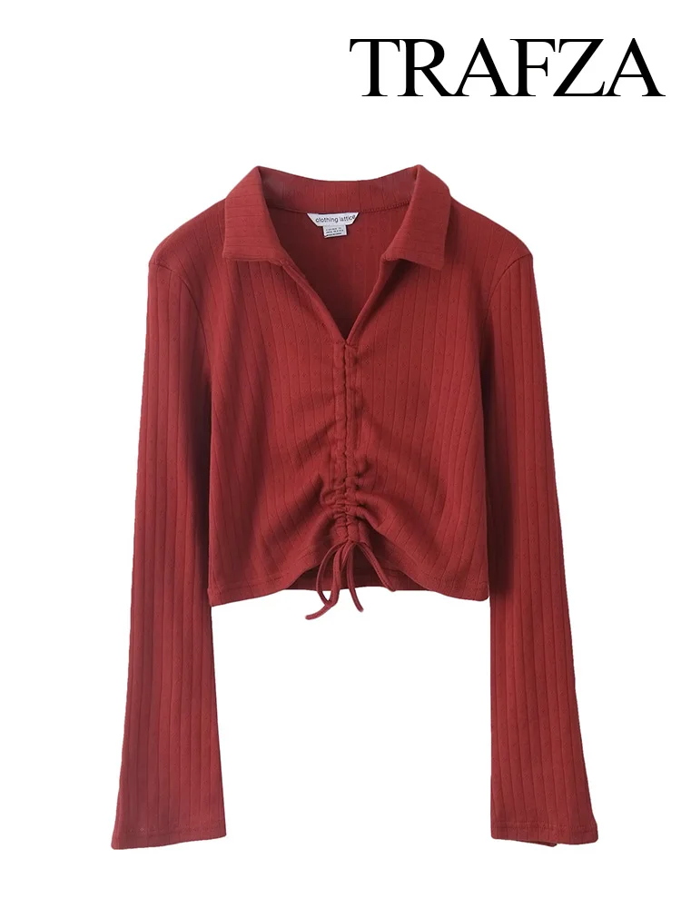 

TRAFZA 2023 New Fashion Pullovers Lace Up Crop Top V Neck Long Sleeve Sweater Women Women Fall Winter Slim fit Elegant Sweater