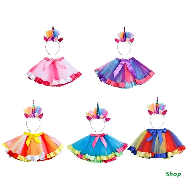 

L5YC Cute Unicorn Costume Set Gift for Girls Colorful Princess Tutu Skirts & Headband