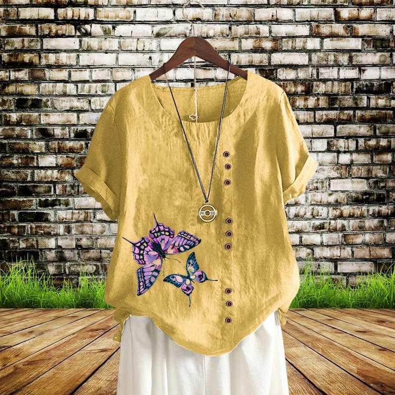 

2022 INS Trends Women Summer Butterfly Print Round Neck Short Sleeve T Shirt Casual Loose Plus Size Solid Color Cotton Linen Top