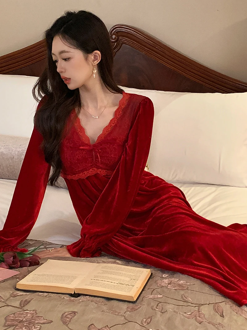

Sexy Nightwear for Women Autumn Winter 2023 V-Neck Lace Velvet Long Sleeve Pajamas Red Nightgowns Sleepwear Princess Homewear