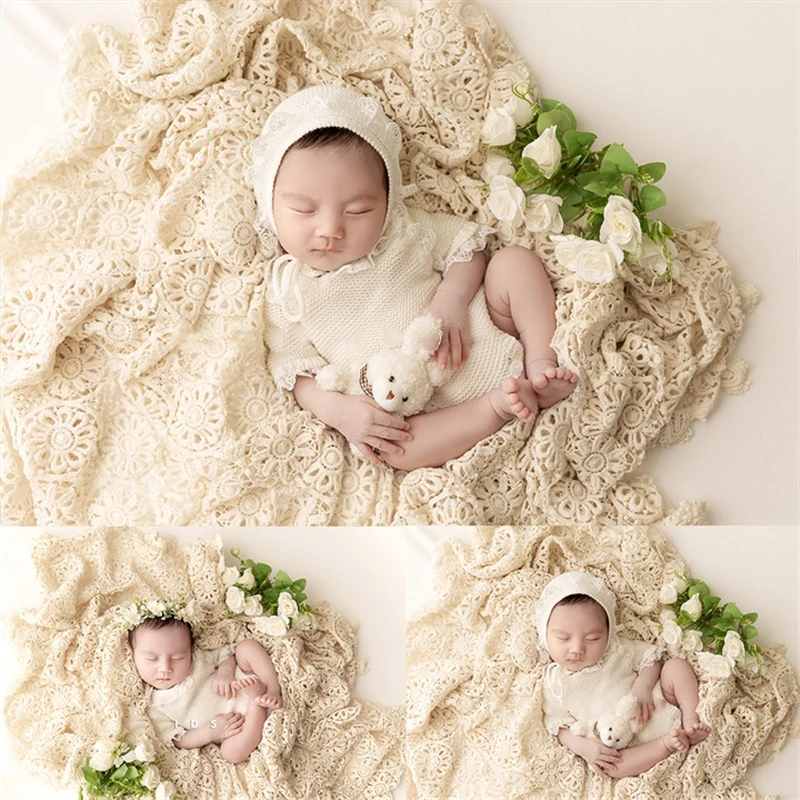 Newborn Baby Photography Props Hollow Out Floral Knitted Outfits Bunny Doll Backdrop Theme Set Studio Shooting Photo Props