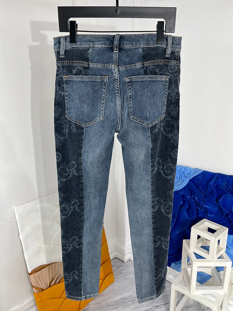 Europe Style Spring Summer Chic Men's High Quality Patchwork Print Jeans Denim Straight Pants C619