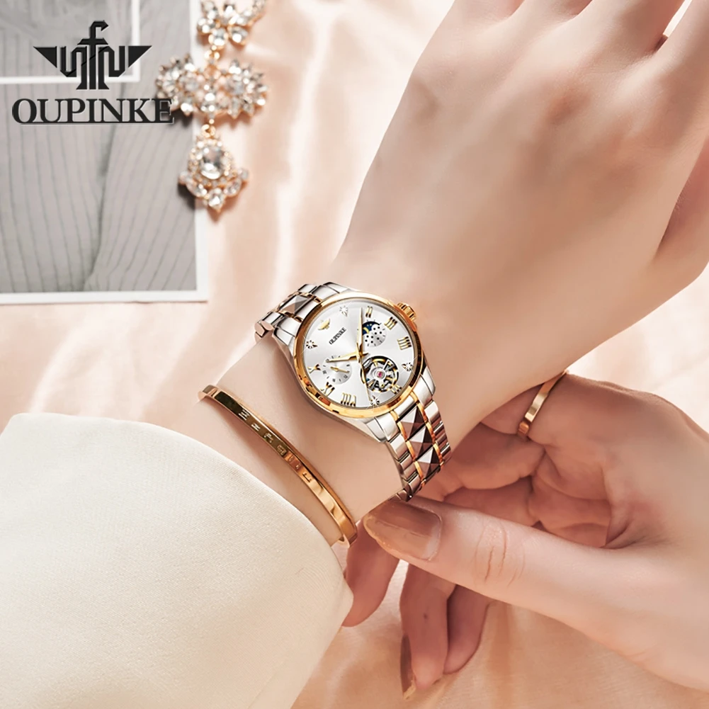 Фото OUPINKE 3202 Moonswatch роскошные механические часы для женщин полые скелетоны римские Наручные часы водонепроницаемые автоматические часы №3