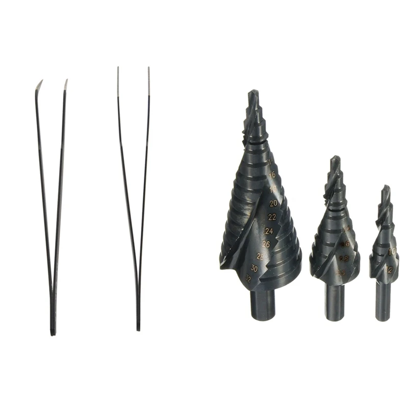 

2 Pcs 13Cm Length Black Anti-Static Straight Curved Tweezers & 3 Pcs HSS Spiral Grooved Step Cone Drill 4-12 4-20 4-32Mm
