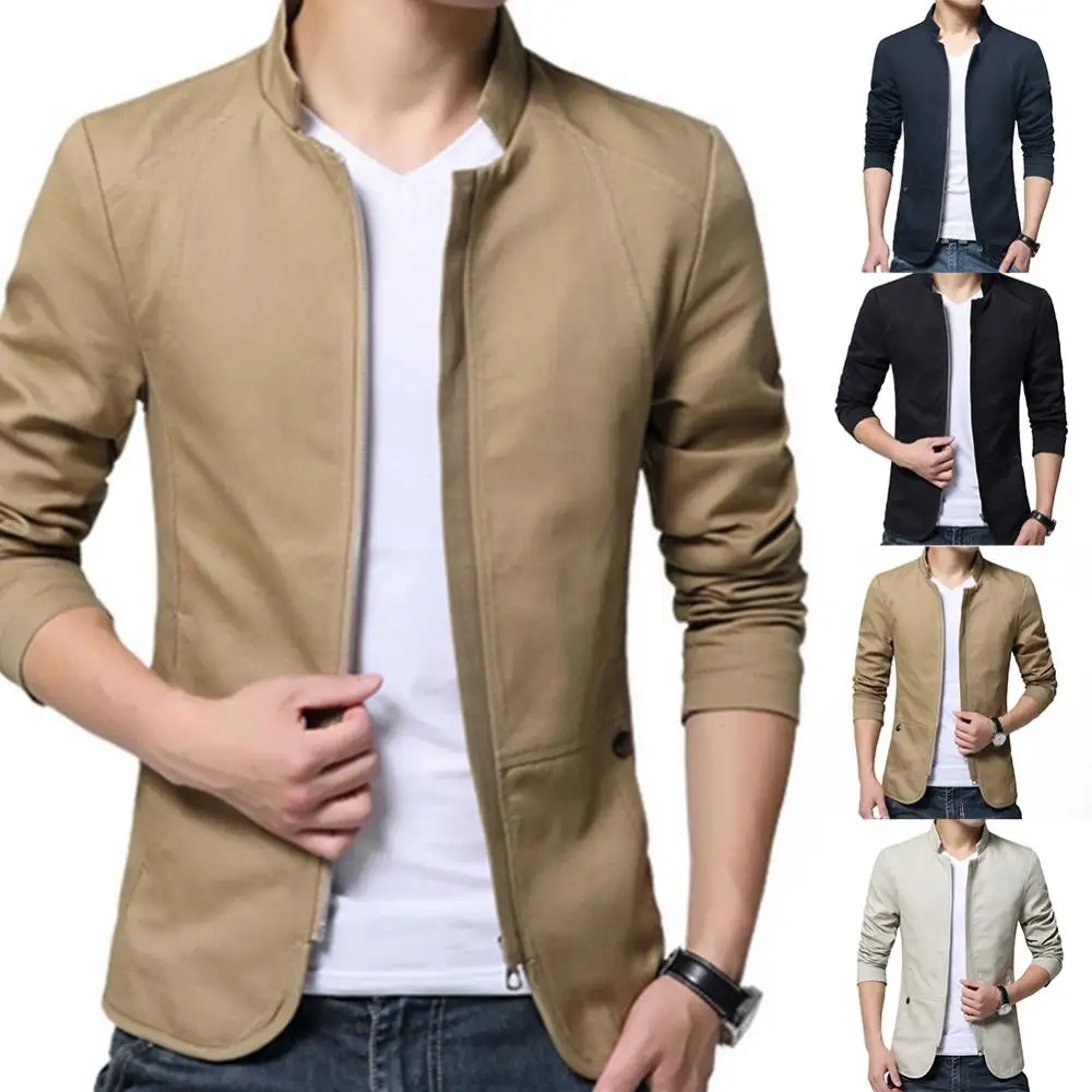 

Zipper Color Jacket Autumn Casual Stand Casual Coat Collar Blazer Blazer Spring Solid Thin Stylish Slim Pockets Men Business
