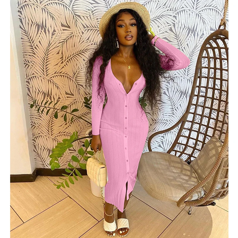 

Women Ribbed Midi Dress Solid Full Sleeve O-neck Single Breasted Stretchy Bodycon Dresses Office Lady Robe 2021 Autumn Outfits