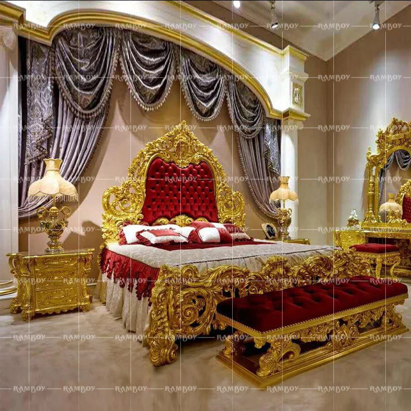 

Роскошная кровать принцессы из цельной древесины, резная ткань, искусство, европейская Золотая фольга, свадебная кровать, двойная кровать на заказ