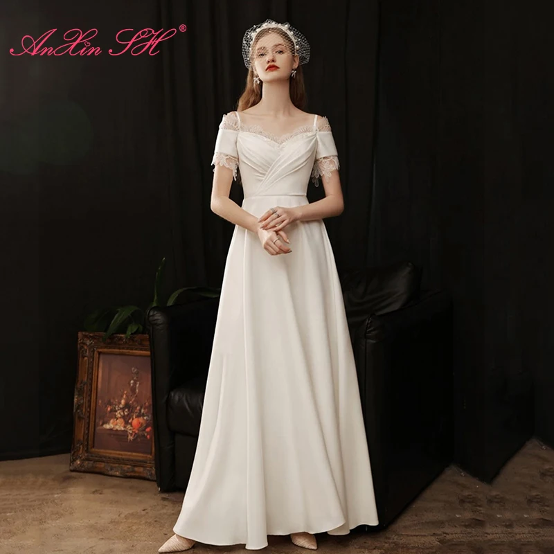 

AnXin SH princess white satin flower lace evening dress vintage spaghetti strap short sleeve a line zipper Bride evening dress