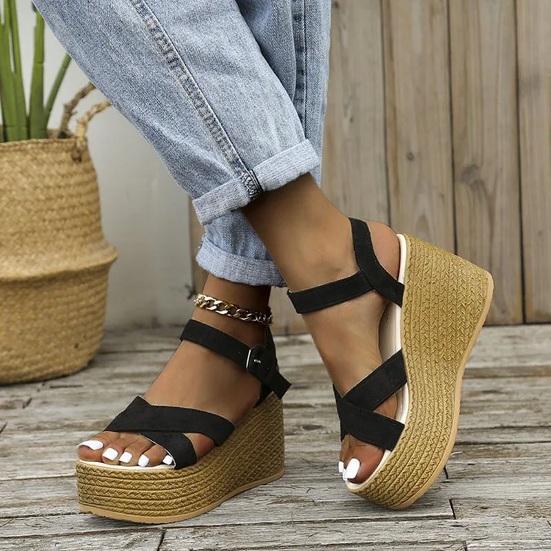 Fashion Wedge Sandals for Women Summer 2023 Casual Punk Peep Toe Women's Sandals Buckle Strap Heeled Women Chunk Shoes 35-43
