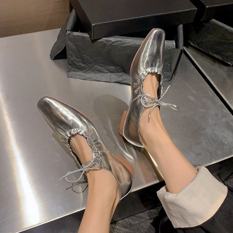 Spring and Autumn Golden Cowhide Square Head Women's Shoes Rope Low Heel Thick Heel Silver Women's Shoes