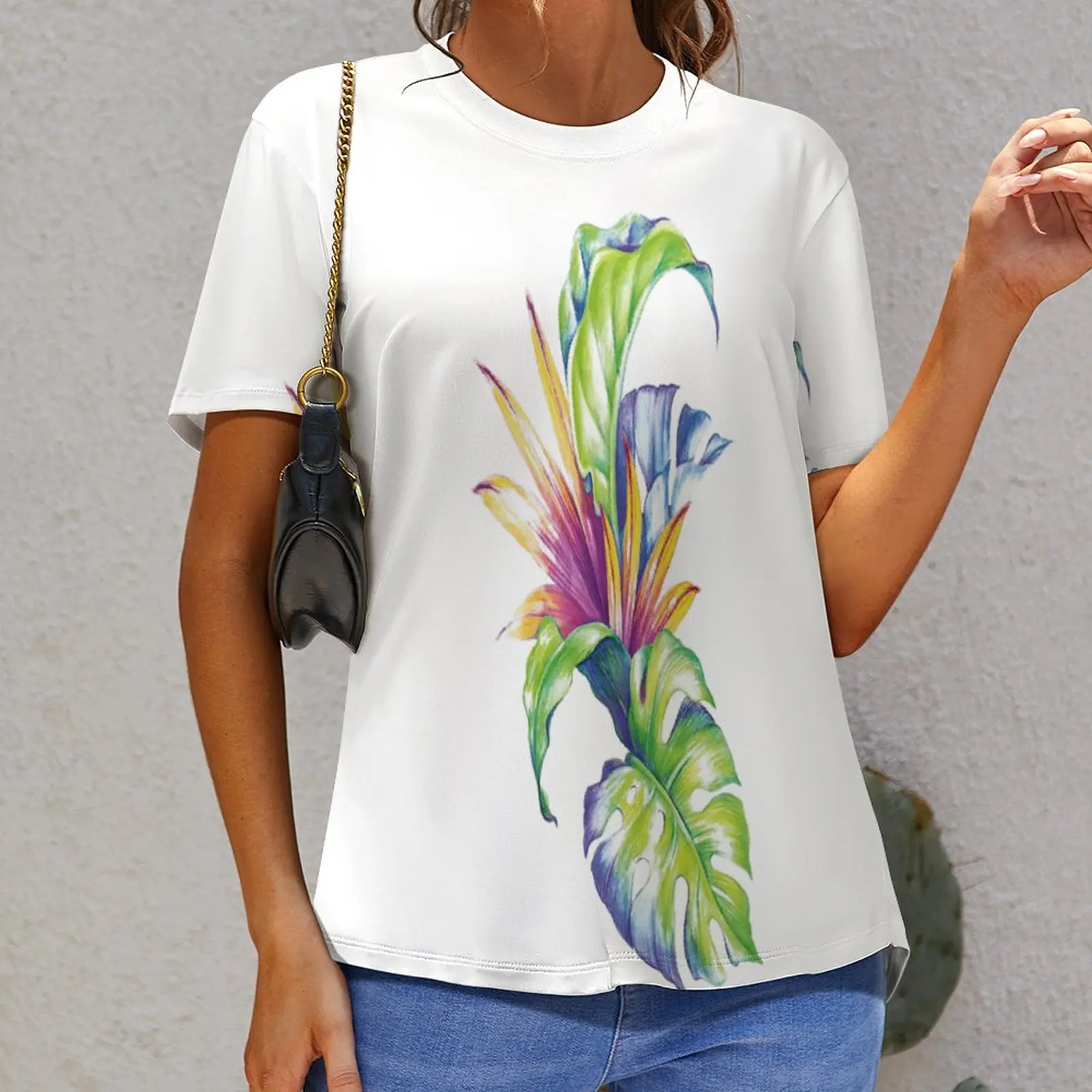 

Top Tee Tropical Leaves And Monstera with Abstract Color Scheme Hawaiian Floral Elements Vintage Home USA Size High Quality