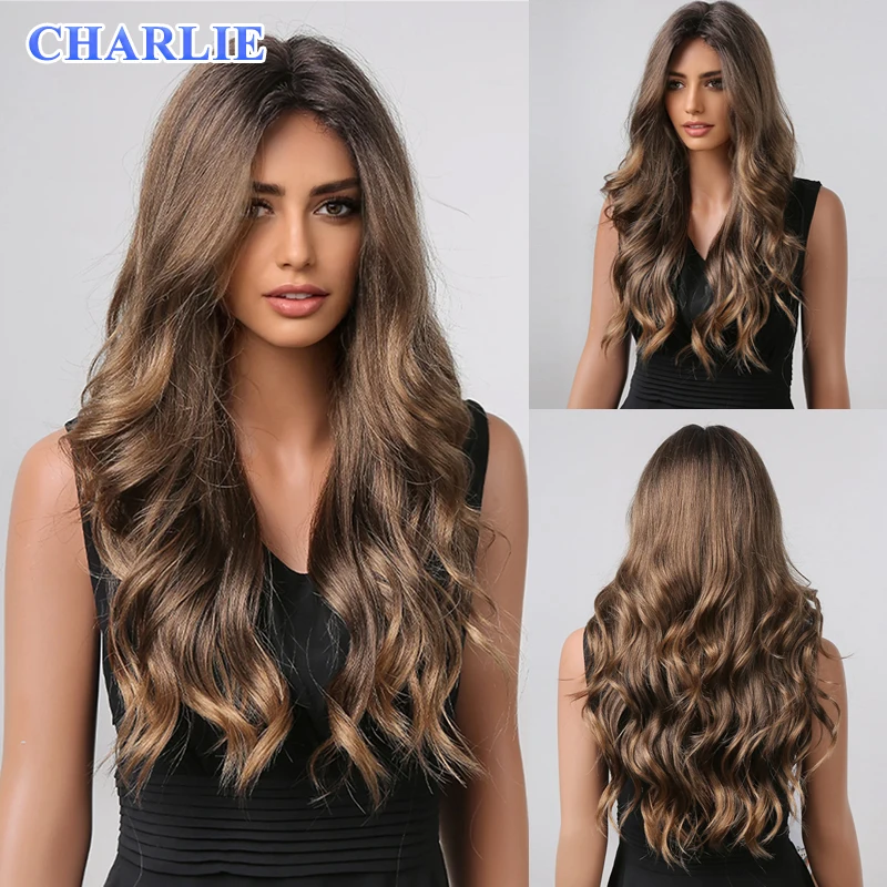 13x4 Синтетические парики спереди волнистые омбре каштановые волосы парик для