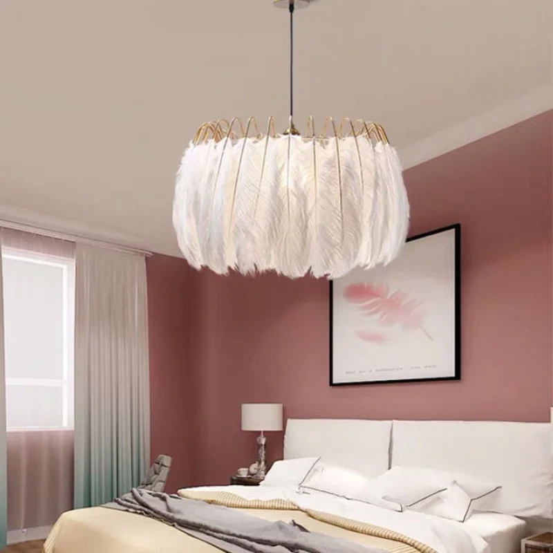 Handmade Goose Feather Led Pendent Lights Warm and Romantic Girls Bedroom Feather Hanging Light Home Decoration