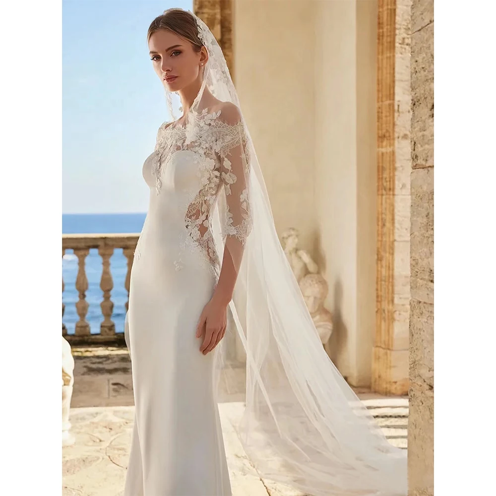 Платья невесты-русалки на свадьбу с рукавами три четверти и открытыми плечами