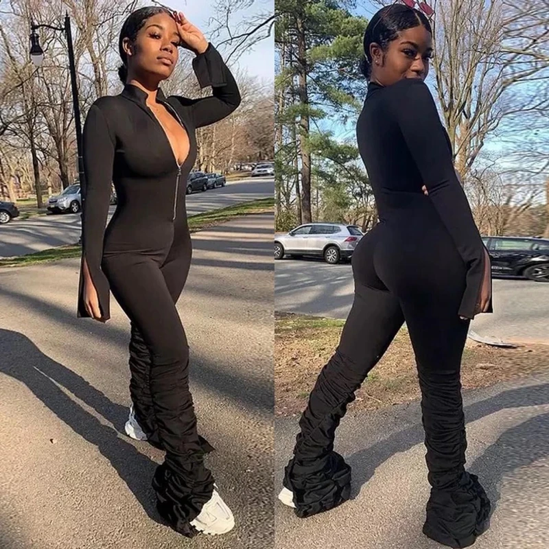 

Stacked Leggings Jumpsuit Women Spring Standneck Solid Sexy Romper One Piece Pants Lounge Club Outfit Streetwear Wholesale Items