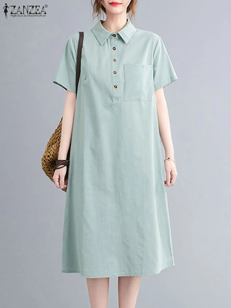 

Oversized Women Short Sleeve Dresses 2022 Summer Cotton Linen Loose Midi Sundress ZANZEA Oversized Lapel Button Up Robes Femme