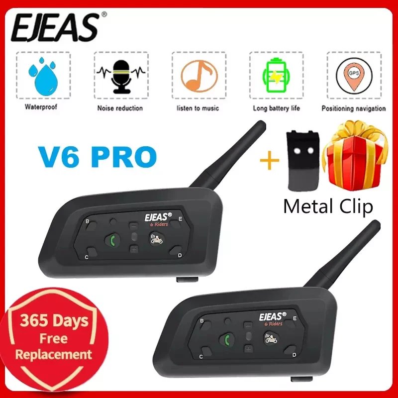 

EJEAS V6 PRO 850mAh Bluetooth Motorcycle Intercom Helmet Headset Waterproof 6 Riders 1200m Motorbike Communicator Ear Interphone