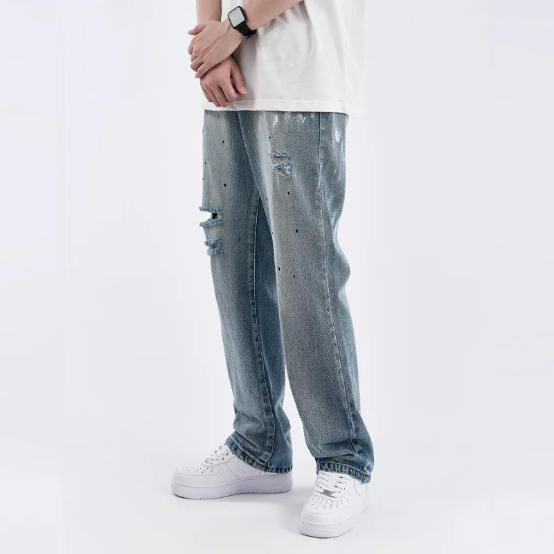 Four Seasons Men's Trousers American Trend Ripped Hole Splash Ink Loose Straight Casual Jeans Men and Women with The Same Style