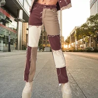 new womens jeans autumn brown stitching denim street casual hip hop high waist loose straight jeans womens fashion trousers