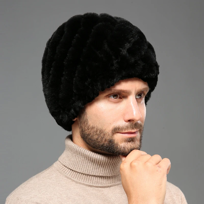 

Men's Real Rex Rabbit Fur Hat Beanie Cap Winter Warm Ski Cap Headwear Black Blue Grey