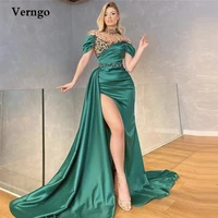 verngo green high neck colorful diamond mermaid long prom dresses satin overskirt short sleeves slit modern party evening dress
