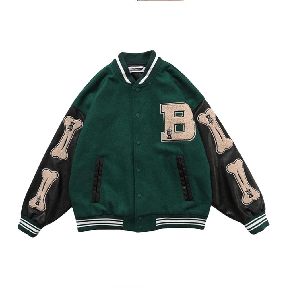 

Hip Hop Furry Bone Patchwork Color Bomber Jacket Woolen Vintage Baseball Jackets Loose Street Coat Unisex Harajuku Streetwear