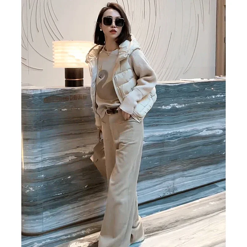 Женский пуховик с капюшоном зимняя трикотажная куртка длинным рукавом и молнией