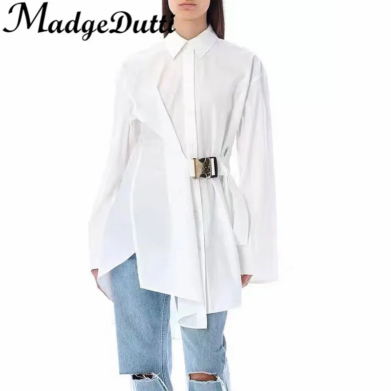 

3.18 MadgeDutti 2023 New Fashion Irregular Metal Buckle Belt Cotton Comfortable White Long Sleeve Shirt Women