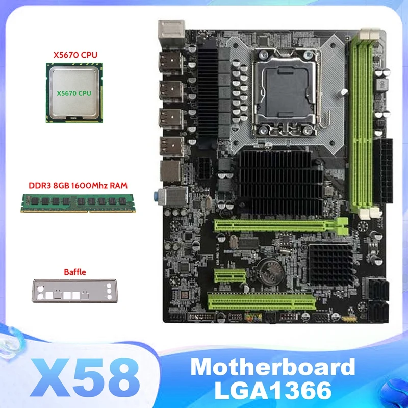 X58 Motherboard LGA1366 Computer Motherboard Support XEON X5650 X5670 Series CPU With X5670 CPU+DDR3 8GB 1600Mhz RAM