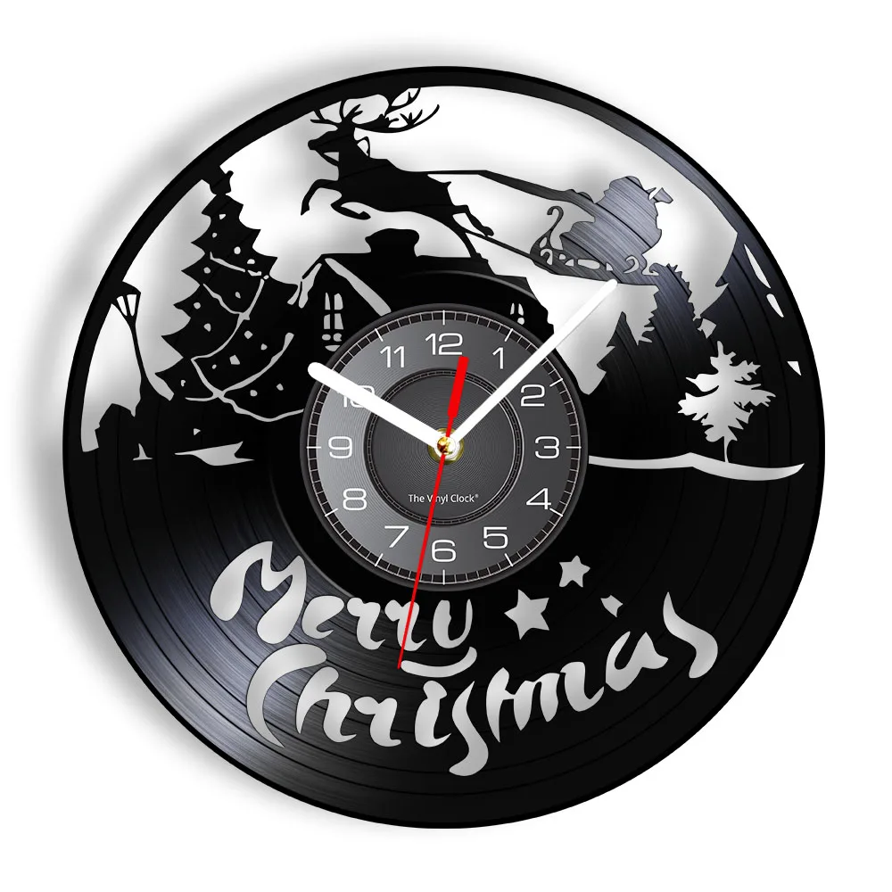 Christmas Characters Wall Clock Reindeer Santa Clause on Sleigh Vinyl Record Wall Clock Merry Christmas Symbols Housewarming Git