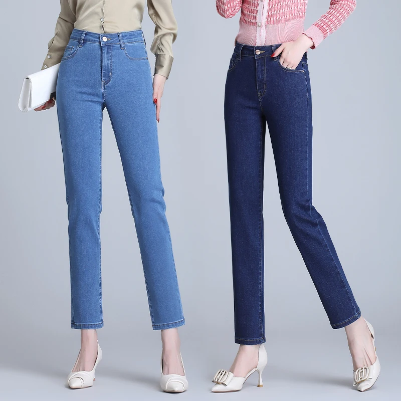 

Джинсы женские прямые однотонные с завышенной талией, повседневные Простые облегающие брюки из денима в классическом стиле, Брендовая женс...