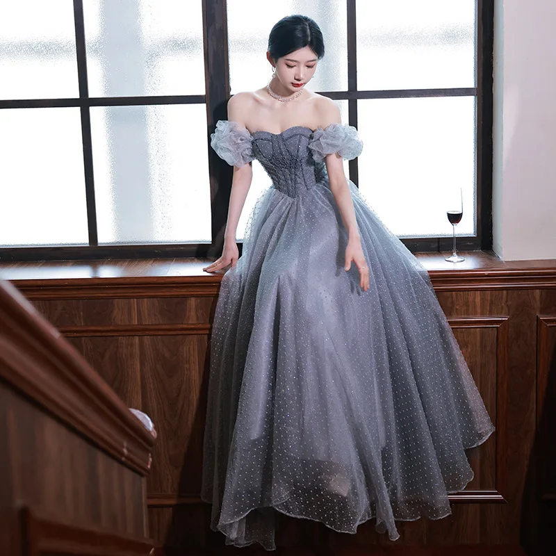 

Banquet Evening Dress Blue 2022 New Summer Lace Off Shoulder Foreign Style Bridesmaid Host Slim Dress Long Women Evening Dress