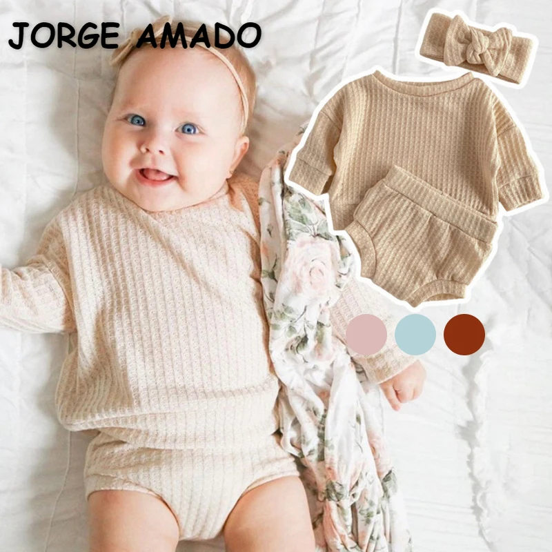 

Новый осенний комплект из 2 предметов для маленьких девочек и мальчиков, вафельный топ с круглым воротником и длинными рукавами синего, беже...