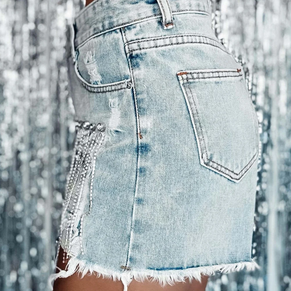 Women Summer Straight Denim Shorts with Diamond 2023 Beading Tassel Solid Fashion Streetwear Runway Short Jeans Female Blue