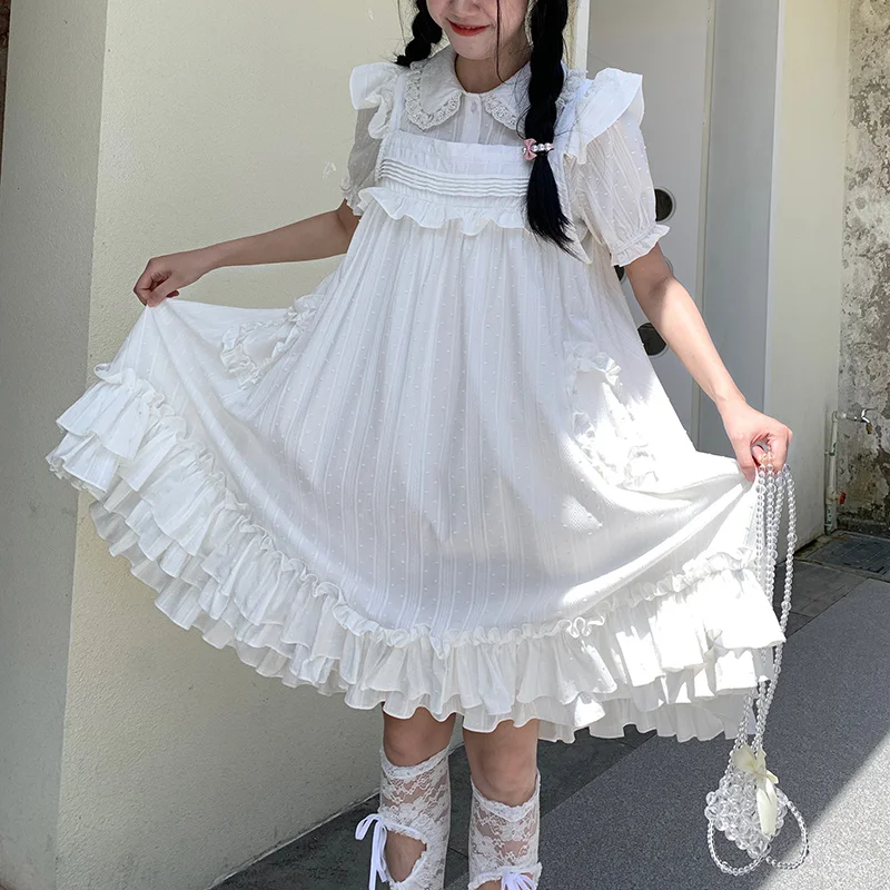 

White Cotton Dresses Women Flying Sleeve Square Collar Lolita Style Kawaii Dress for Sweet Girls