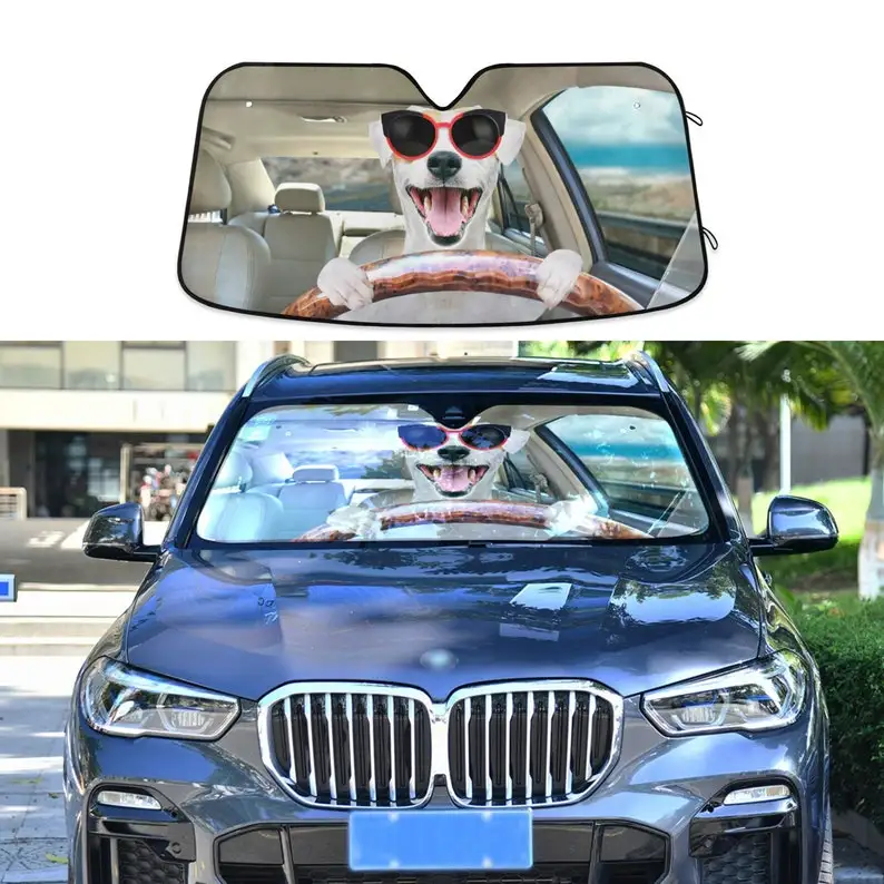 

A Funny Dog Behind the Wheel of a Car, Car Auto Sun Shade, Windshield Car Accessories, Auto Protector Window Visor Screen Decor