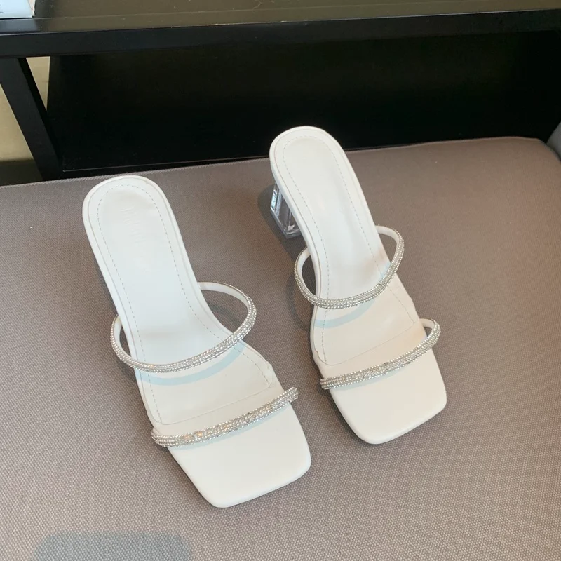 

Шлепанцы женские на высоком каблуке, сланцы с квадратным носком, брендовые сандалии, элегантная вечерняя нарядная обувь с украшениями, лето...