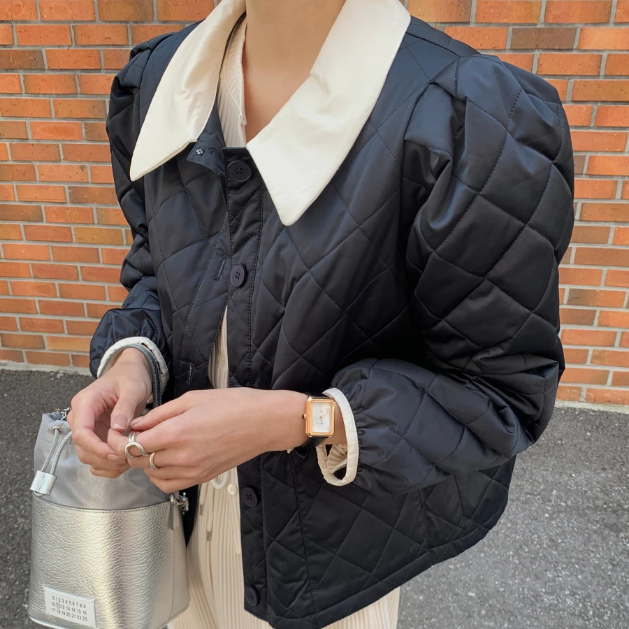 

Neploe Chic Temperament Plaid Design Female Parkas Contrast Color Turn Down Collar Loose Warm Jacket Double Pockets Cotton Coat