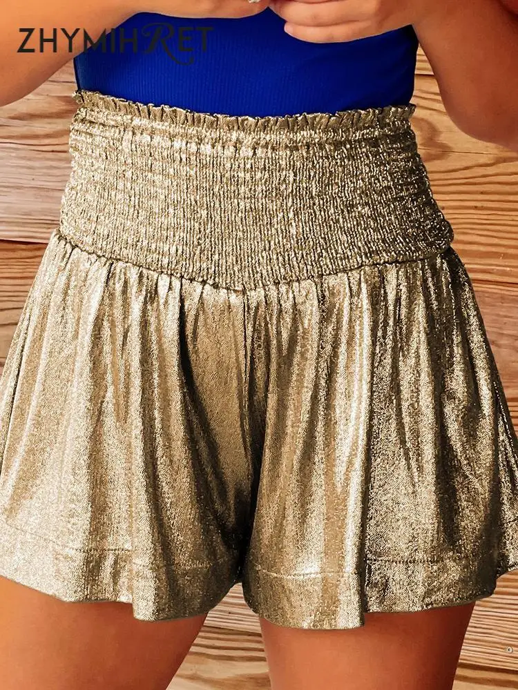 ZHYMIHRET Bling Bright Silk A Line Pleated Women's Shorts 2023 Summer Elastic Highg Waist Y2k Shorts Holiday Festival Outfit