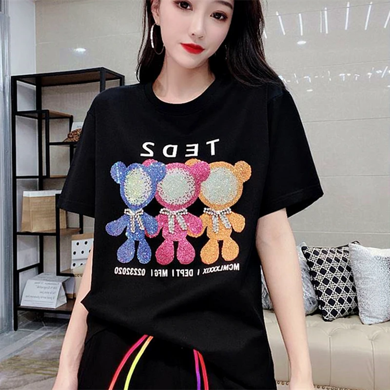 

Vintage Cute Bear Diamonds Crystal Cute T Shirts Women Girls Summer Cotton Black White Cartoon Tops Kawaii Harajuku Loose Casual