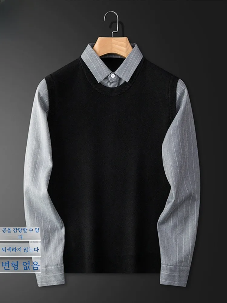 Romon 2024 Spring and Autumn Fake Two Pieces Sweater Men's Shirt Collar High-End Casual Knit Base Top New