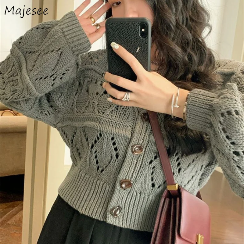

Cardigan for Women Hollow Out Solid Design Cropped V-neck Кардиган Женский All-match Spring Casual Korean Style Fashion Vintage
