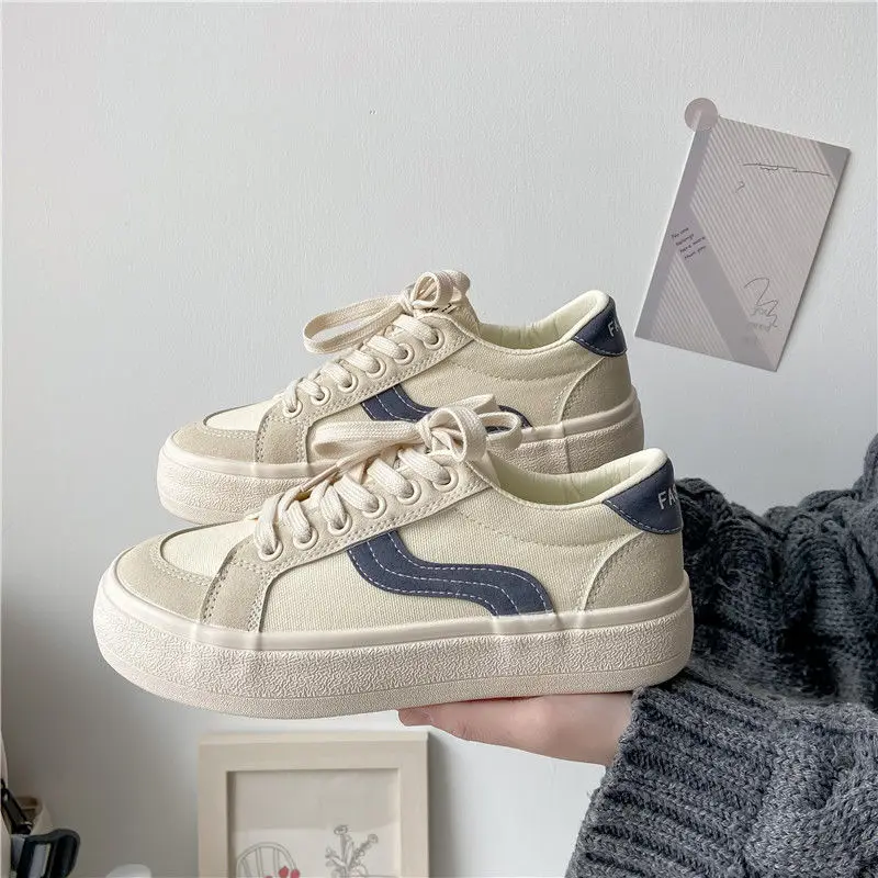 QWEEK Japanese White Platform Flat Women's Sneakers Spring 2022 New Sports Canvas Vulcanize Casual Shoes Korean Tennis Running