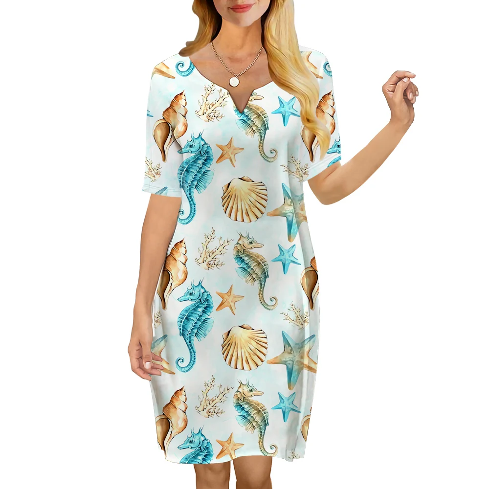 

CLOOCL Women Dress Sea Shell 3D Printed V-Neck Loose Casual Short Sleeve Shift Dress for Female Dresses Dress Summer 2022