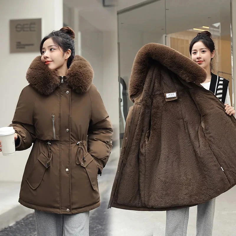 Winter Padded Women's Parka Fleece lining Big Fur Collar Slim Tether Splice Long Jackets Thick High Quality Casual Outwear Trend