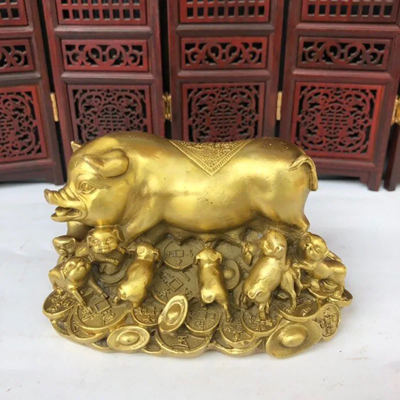 

4.6" Chinese Antiques Pure Copper Gold-Plated Money Zodiac Pig Statue