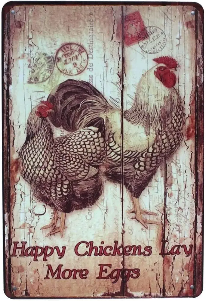 

Happy Chickens Lay More Eggs, Rooster Decor Metal Tin Sign, Wall Ornament Farm Bar Farmhouse Garden Decor Vintage Outdoor Decor