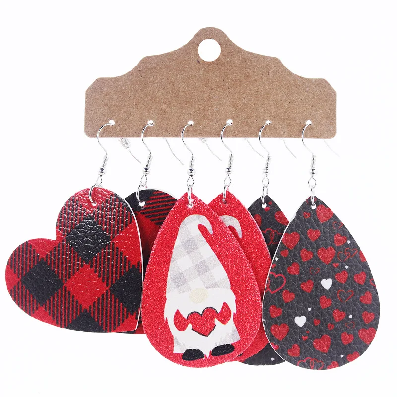 

Valentine's Day Festive Earrings Set Leather Look Jewelry Plaid Heart Drop Earrings Pack TEARDROP SHAPED VALENTINES ACCESSORIES